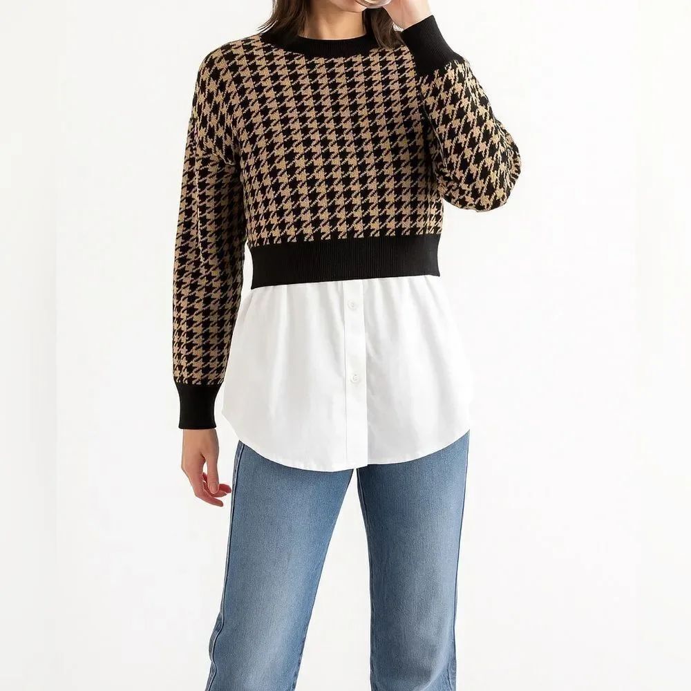 Joie Houndstooth Sweater with Blouse Underlay – Black/Tan, Layered Look, Sz XS